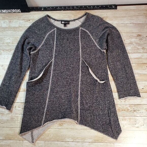 Baku Womens‎ Dark Grey Sweatshirt Shark Bite Asymmetrical Hem Sz Small - Picture 1 of 7